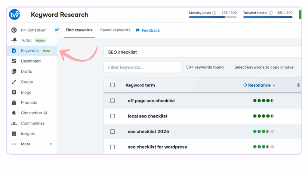 Tailwind Keyword Research Tool