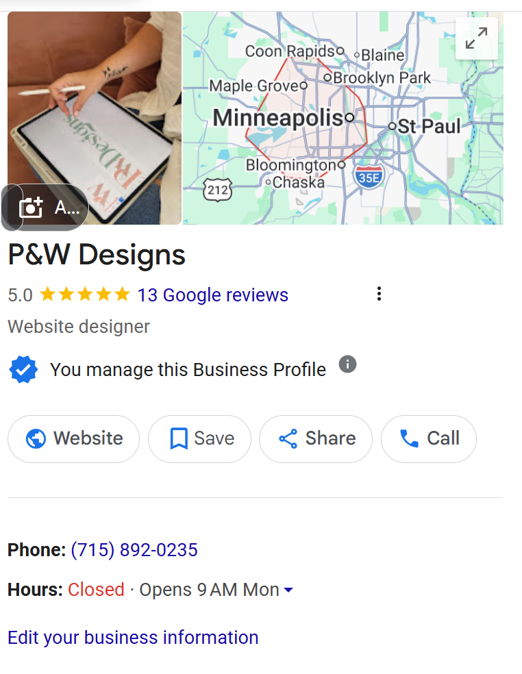Google Business Profile preview of P&W Designs