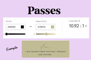 Black text on tan background passes accessibility contrast standards with 10.92:1 ratio example.