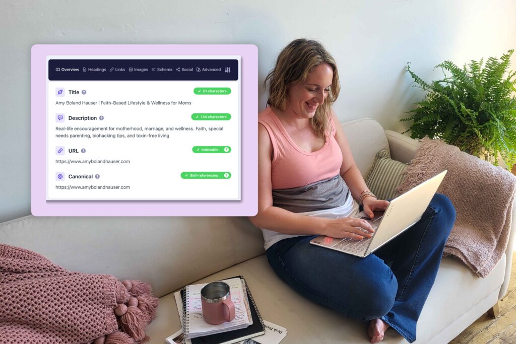Amy Boland Hauser on her laptop next to an SEO overview showing her site title, description, and URL