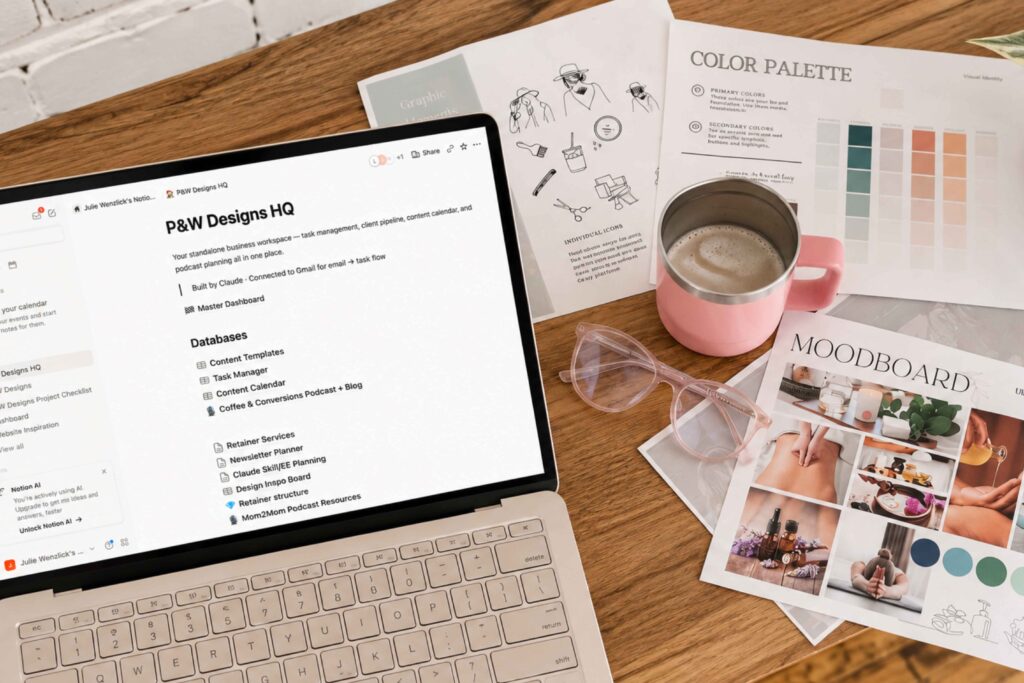 Old P&W Designs HQ in Notion with a task manager and content calendar before the custom task hub