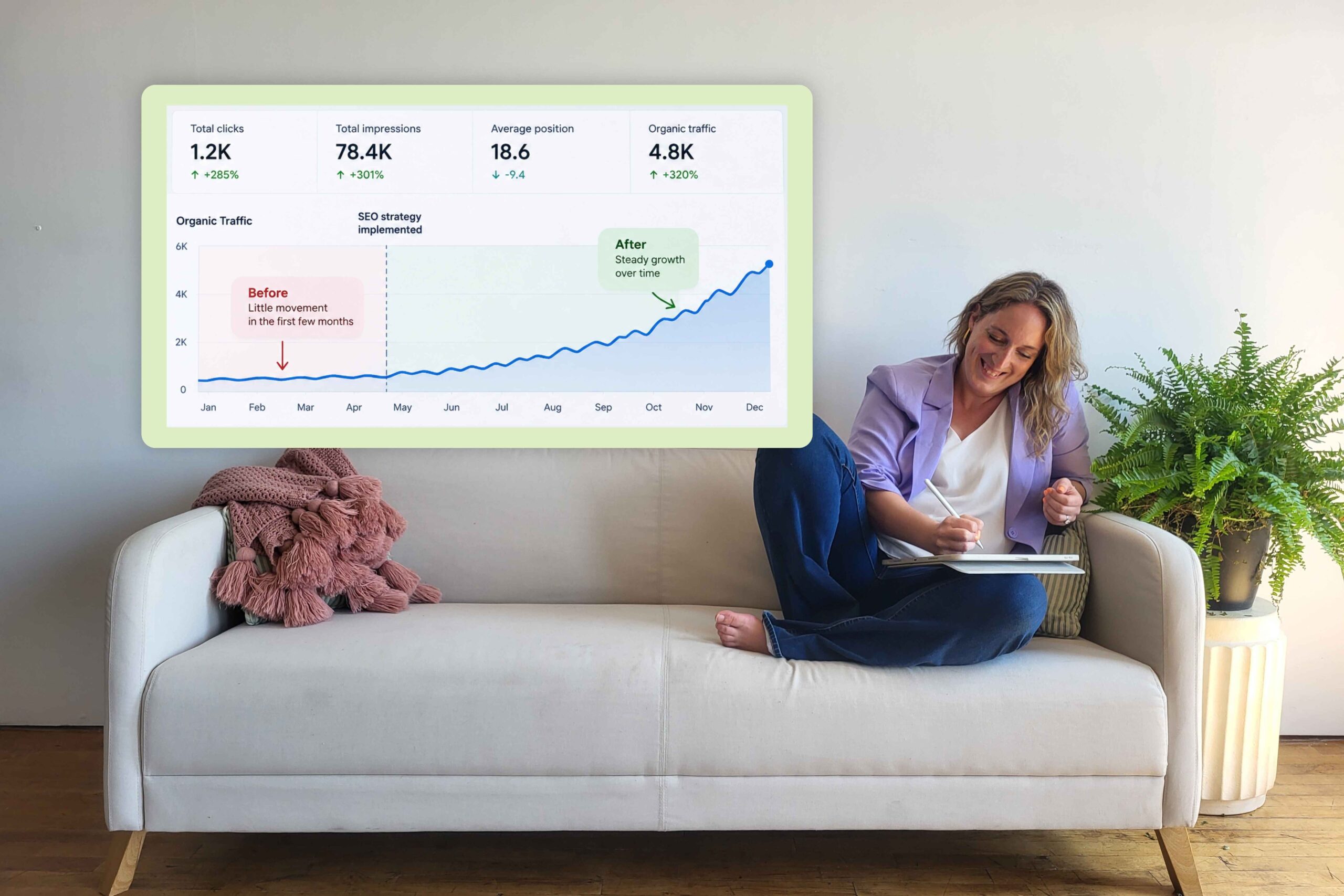 Julie reviewing an organic traffic chart showing steady growth after implementing an SEO strategy