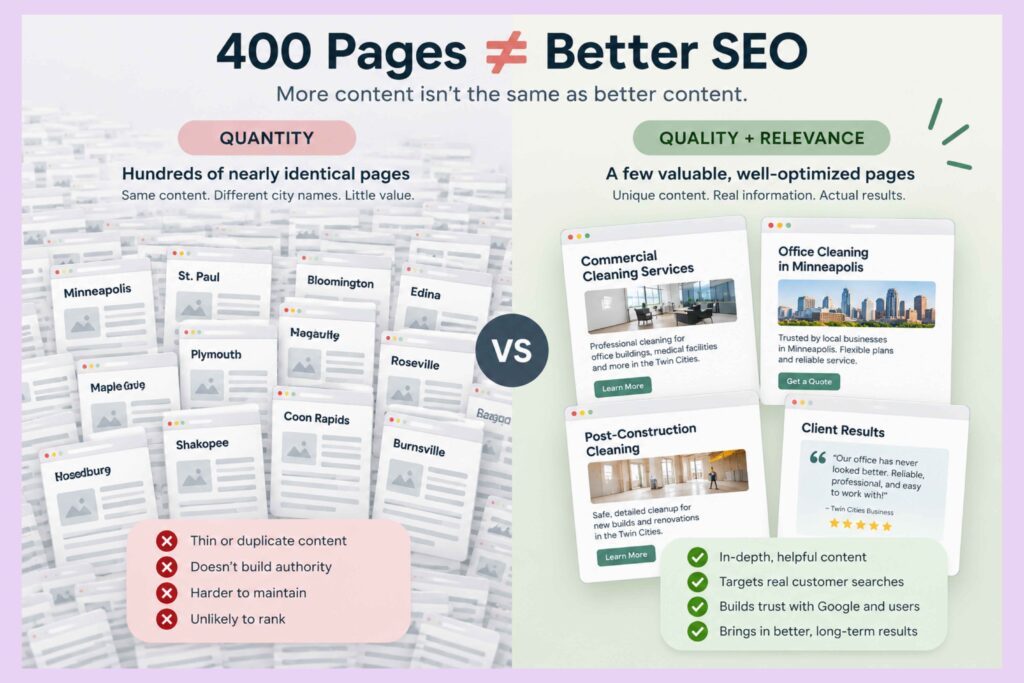 Comparison graphic showing hundreds of thin location pages versus a few high quality SEO pages