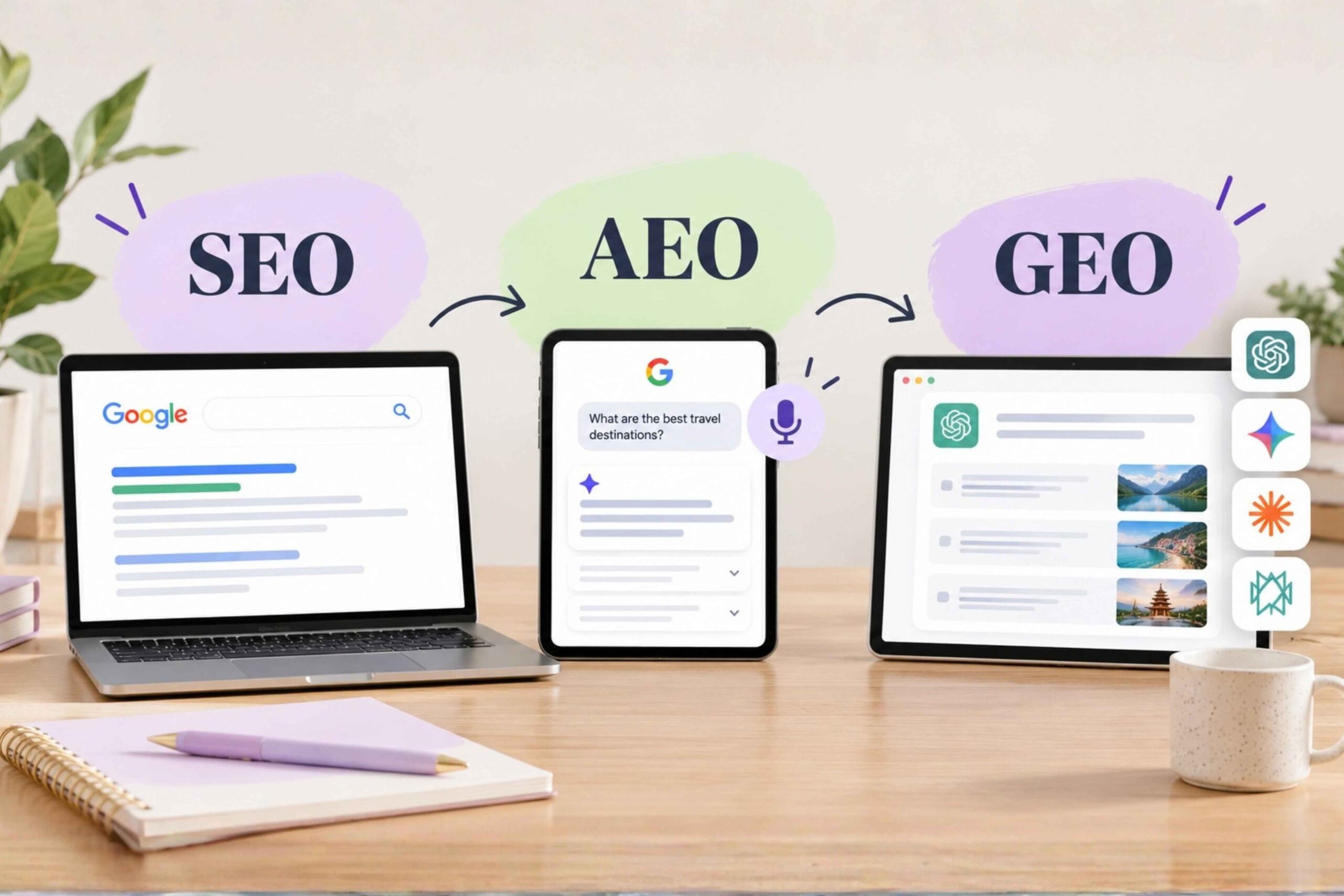 Laptop, phone, and tablet on a desk showing SEO in Google search, AEO in a voice search answer, and GEO in an AI chat tool