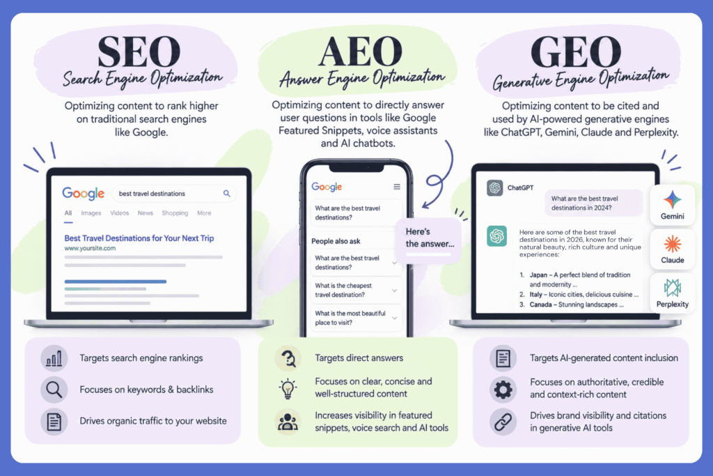 Comparison chart explaining SEO for search rankings, AEO for direct answers and featured snippets, and GEO for getting cited by AI tools like ChatGPT and Perplexity